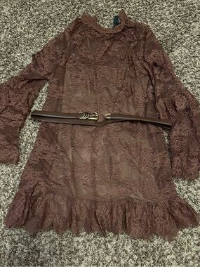 Fashion Nova Brown Lace Long Sleeve Mini Dress